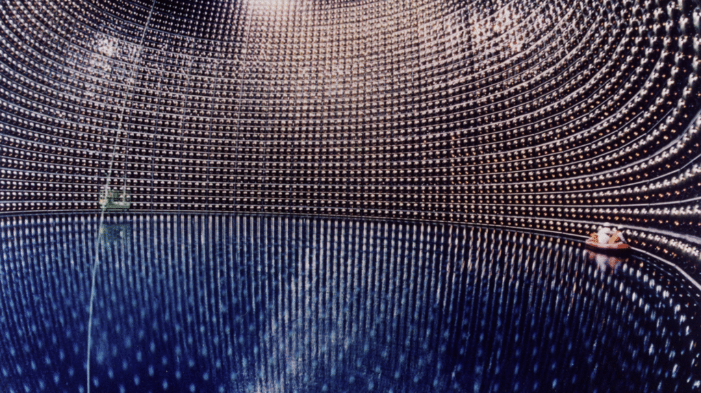 A large curved space lined with detectors. Two people at the bottom working on a single detector.