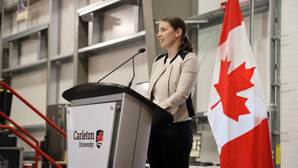 Cynthia Cruickshank, CABER’s lead researcher, addresses attendees of the facility opening event