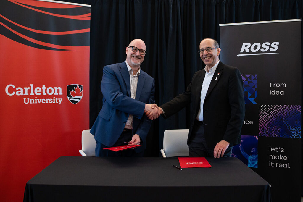Ross Video’s CTO, Troy English (left), and Carleton University’s Rafik Goubran, VP of Research and International (right), formally sign a multi-year partnership agreement to spearhead innovation and foster talent development.