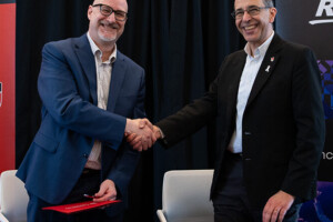 Ross Video’s CTO, Troy English (left), and Carleton University’s Rafik Goubran, VP of Research and International (right), formally sign a multi-year partnership agreement to spearhead innovation and foster talent development.